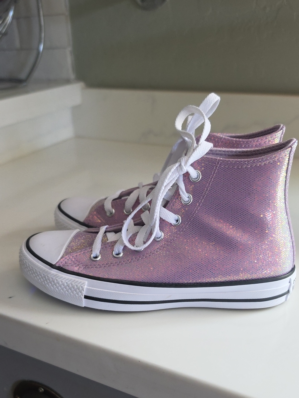 Converse Kids High-Top Glitter Lace-Up Sneakers in Iridescent Pink